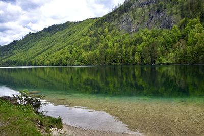 Scenic view of lake by trees against sky