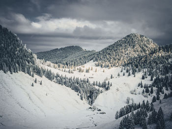 Panoramic view of snow covered landscape against sky