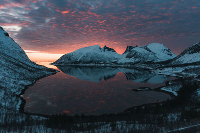 Scenic view of snowcapped mountains against sky during sunset