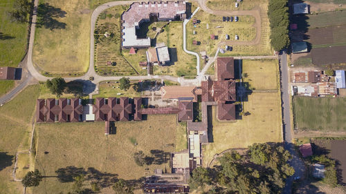 High angle view of trees and houses on field against buildings