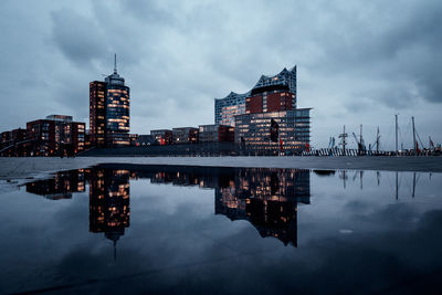 Reflection of buildings in lake against sky