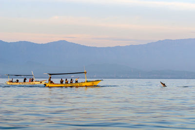 Tourists watching for wild dolphins at lovina beach in bali, indonesia.