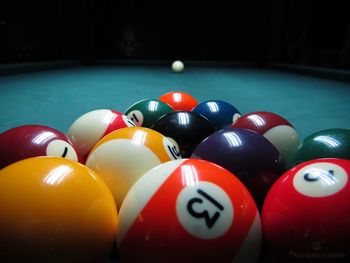 Close-up of pool balls on table