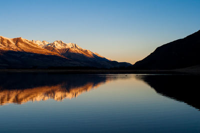 Scenic view of lake and mountains against clear sky