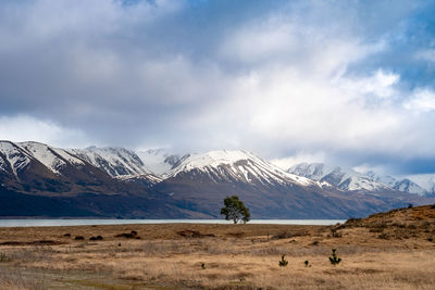 Scenic view of lake against sky. scenic  view new zealand southern alps from lake pukaki east bank