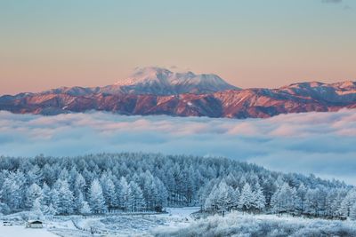 Scenic view of snowcapped mountain against sky during winter