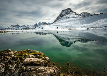 Scenic view of lake and snowcapped mountains against sky