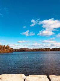 Scenic view of lake against blue sky