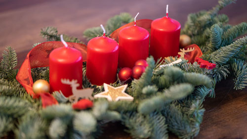 Close-up of christmas decorations on table