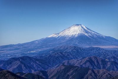 Scenic view of snowcapped mountains against clear blue sky