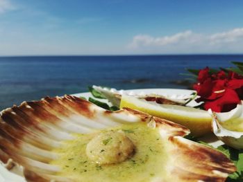 Close-up of food in the sea against sky