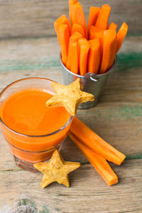 High angle view of orange juice on table