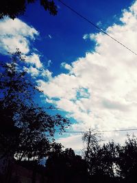 Low angle view of power lines against cloudy sky