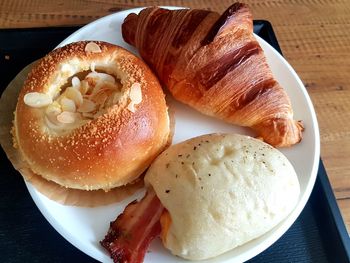 High angle view of breakfast served on table