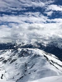 Scenic view of snowcapped mountains against sky