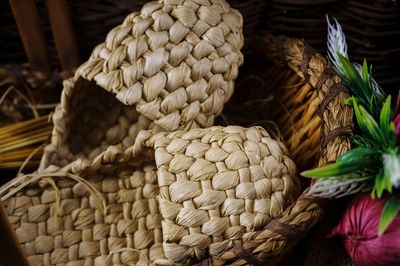 Close-up of wicker basket for sale in market