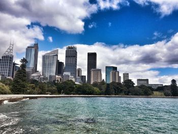 City skyline against cloudy sky