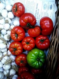 High angle view of red bell peppers