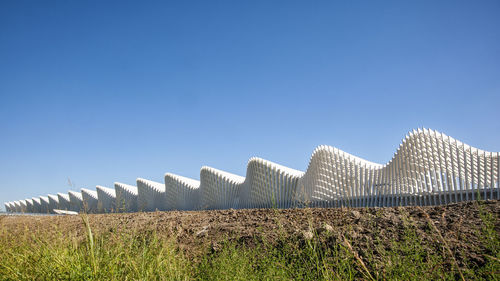 Panoramic shot of land against clear blue sky