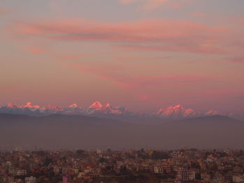 High angle view of townscape against sky during sunset