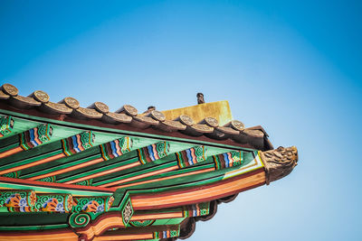 Low angle view of temple against clear blue sky