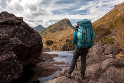 Rear view of man standing on rock