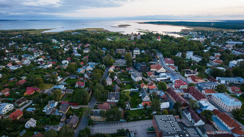 An aerial view of kuressaare city in saaremaa island during late august evening.