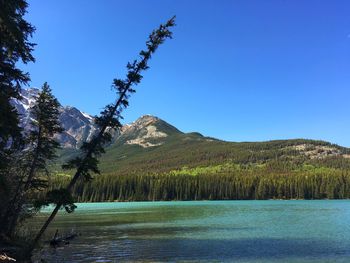 Scenic view of lake and mountains against clear blue sky