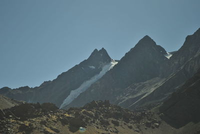 Scenic view of snowcapped mountains against clear sky