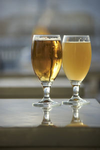 Close-up of beer in glass on table