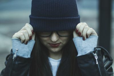 Close-up of woman in warm clothing