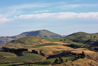 Scenic view of landscape and mountains against sky