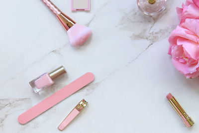 High angle view of beauty products on table