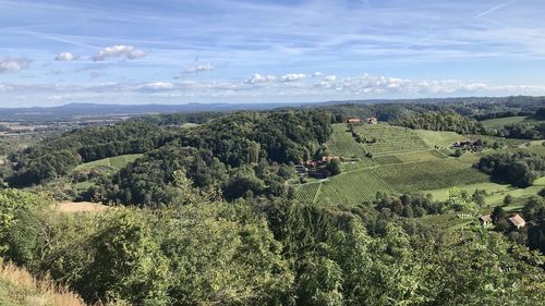 High angle view of trees on field against sky / vintage in austria 