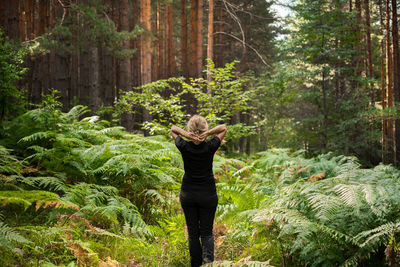 Rear view of woman standing in forest