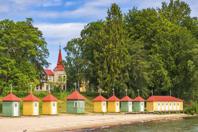 View at hjo city in sweden with colourful beach huts