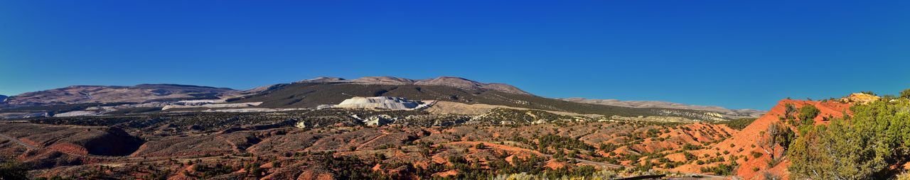 Scenic view of mountain against clear blue sky