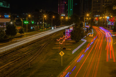 Light trails on road at night