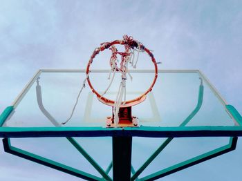 Directly below shot of damaged basketball hoop against sky