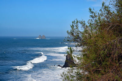 Scenic view of sea against clear blue sky