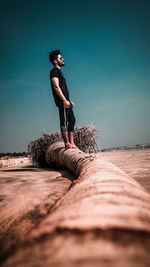 Young man looking away while standing on coconut tree branch against ocean in beach