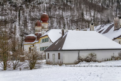 Snow covered houses and trees on field