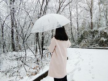 Rear view of woman with umbrella standing snow covered road in forest