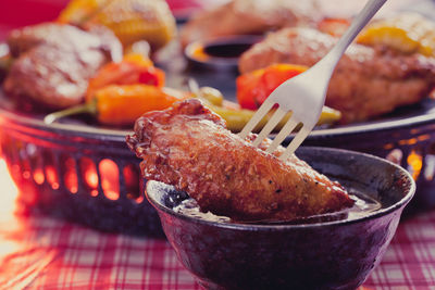 Close-up of food served on table