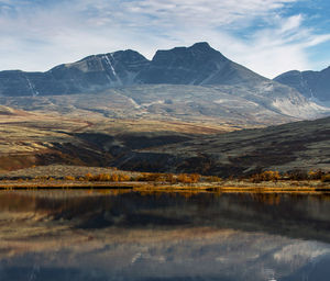 Scenic view of lake by mountains against sky