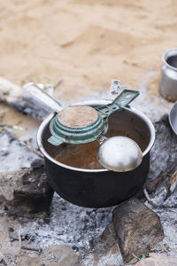 Dirty utensil set for tea cooking in outdoor camp