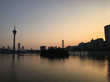 Scenic view of river by buildings against sky during sunset