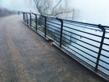 Railing by trees against sky