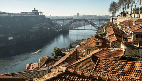 High angle view of bridge over river against buildings