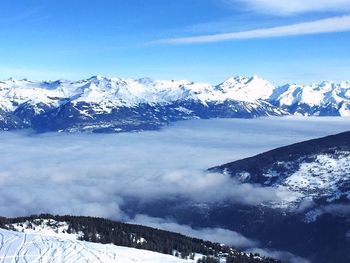 Scenic view of snowcapped mountains against cloudy sky